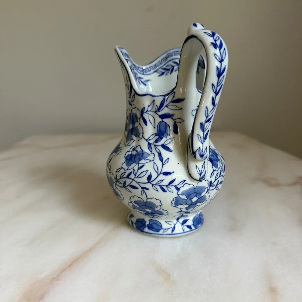 Andrea by Sadek Blue and White Floral Porcelain Pitcher Creamer Chinoiserie 5.5